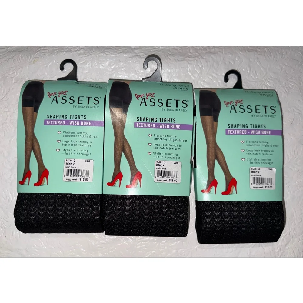 NWT Assets by Spanx Shaping Control Tights Size 3 Black Textured wishbone